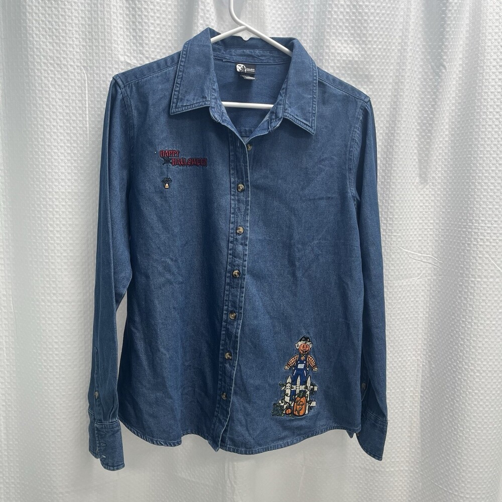 Halloween Blue Chambray Shirt Women’s Large Embroidered Scarecrow Spider Pumpkin